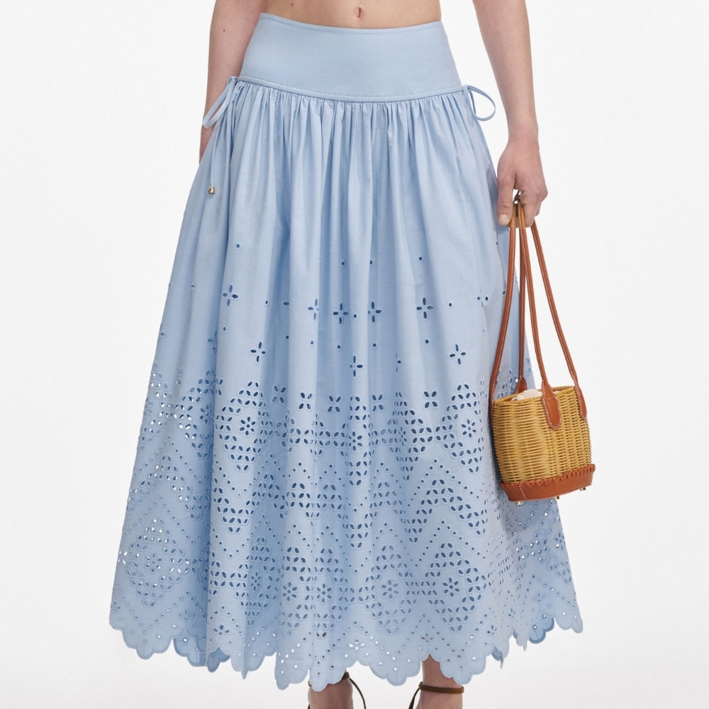 Self Portrait Blue Cotton Broderie Midi Skirt - Picture 4 of 12